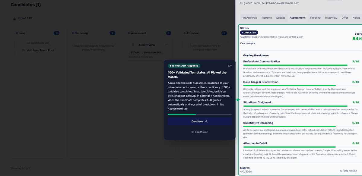 Assessment grading breakdown showing scores for Professional Communication, Situational Judgment, and more