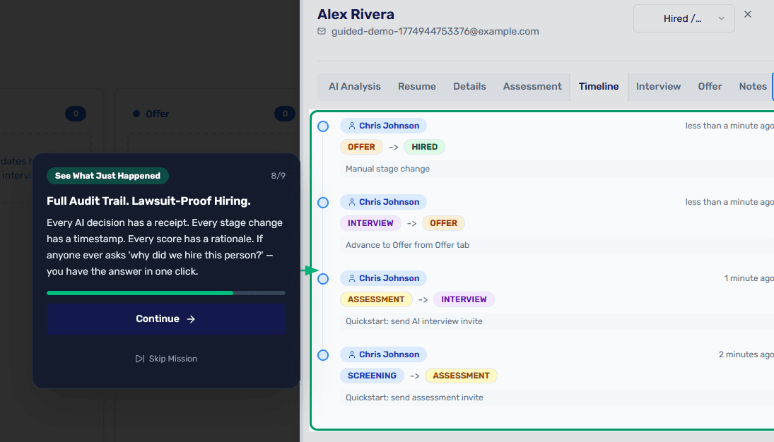 Audit trail showing candidate stage transitions with timestamps