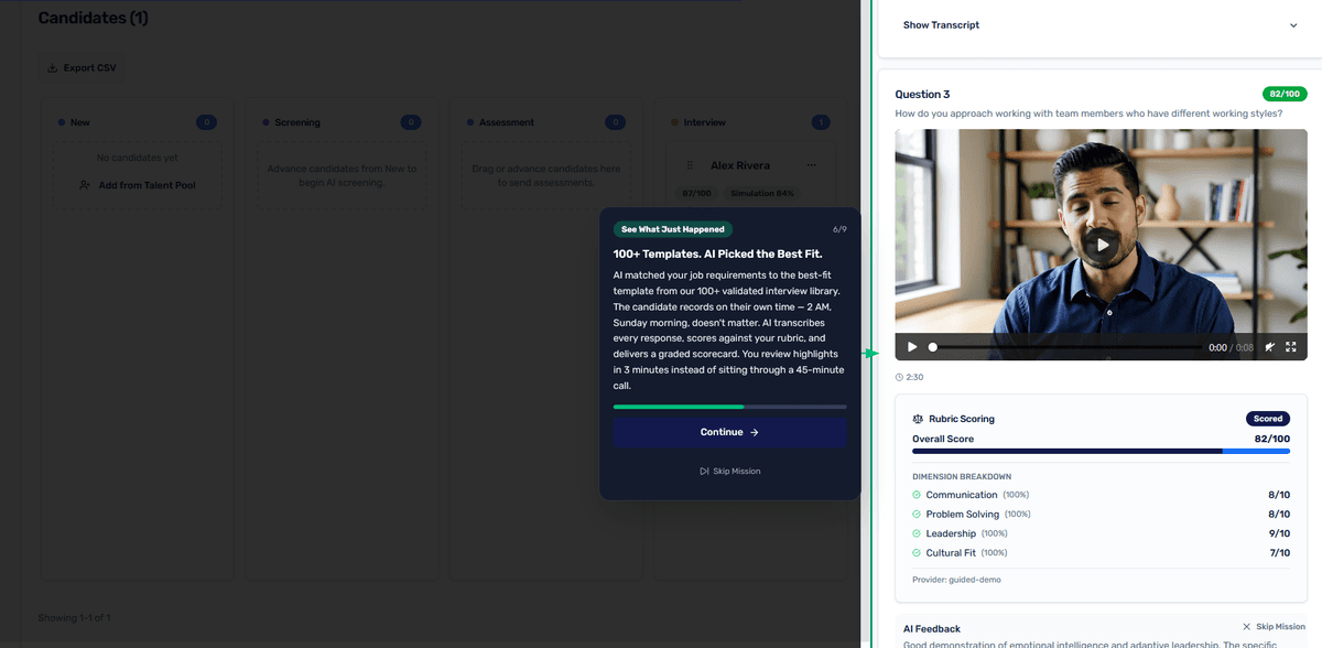 AI Interview showing video recording with rubric scoring at 82/100