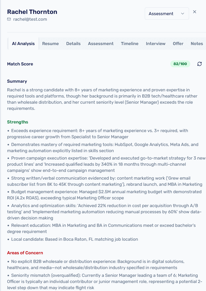 AI Analysis showing match score breakdown with strengths and concerns